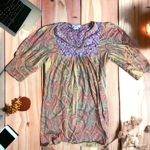 Multicolor Paisley Top, Lace Neckline